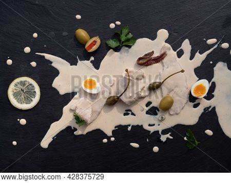 Vitello Tonnato, Veal In Tuna Sauce, Top View, A Dish From The Piedmontese Cuisine