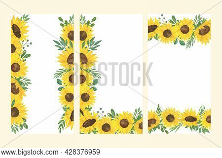 Sunflowers, Leaves, Branches Vertical, Horizontal Frame, Watercolor Illustration Greeting Card, Wedd