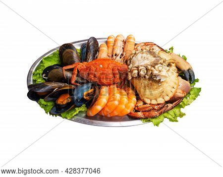 Seafood Serving Isolated On White. Mussels, Shrimps, Brown Crab, Spider Crab And Norway Lobsters