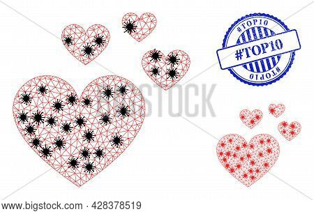 Mesh Polygonal Love Hearts Icons Illustration With Lockdown Style, And Scratched Blue Round Hashtag 