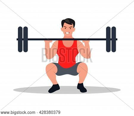 An Athlete In A Half-squat Holds A Barbell With Both Hands. Vector Illustration In Cartoon Style.