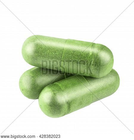 Andrographolide Herb Capsule, Andrographis Herbal Capsule Green Powder Isolated On White, Paniculata