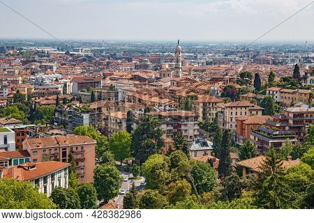 Bergamo, Italy - May 22, 2019: Aerial View Of The Old Town Bergamo In Sunny Day. Bergamo Is A City I