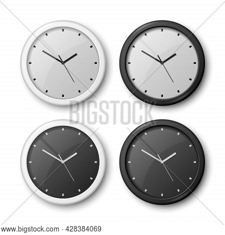 Vector 3d Realistic White And Black Wall Office Clock Icon Set Isolated On White. White Dial, Black 