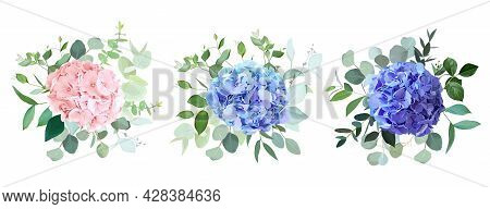 Blue, Purple, Blush Pink Hydrangea Flowers, Emerald Greenery And Eucalyptus Wedding Vector Bouquets 