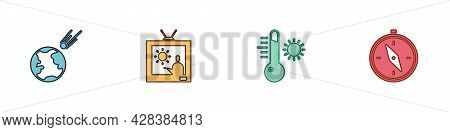 Set Comet Falling Down Fast, Weather Forecast, Meteorology Thermometer And Compass Icon. Vector