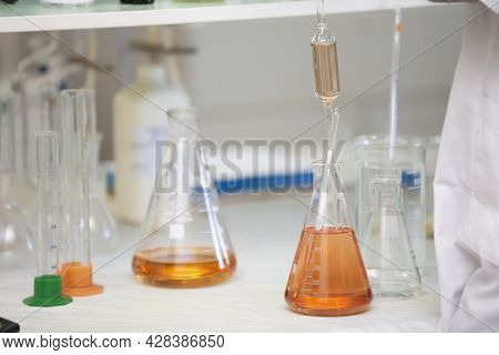 Laboratory With Glass Test Tubes For Alcoholic Beverages.