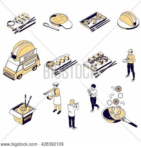 Asian Food Menu Isometric Icons Set Of Sushi Noodles Shrimp Gedza Bao Sashimi Rolls Wok Isolated Vec