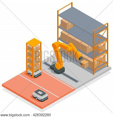 Modern Warehouse Isometric Concept Robotic Arm Sorts And Arranges Boxes From The Production Belt To 