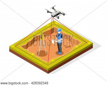 Geodesy Isometric Composition With View Of Flying Quadcopter With Laser Lines And Human Character Of