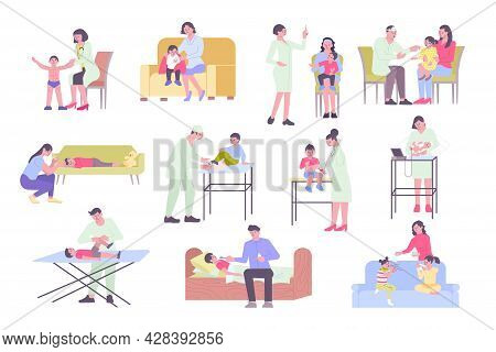 Pediatrics Flat Set With Doctors Examining Ill Kids And Parents Treating Them Isolated Vector Illust