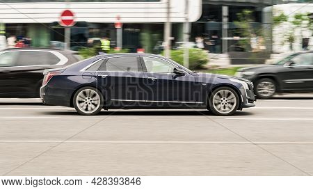 Moscow, Russia - May 2021: High-speed Motion-blurred Cadillac Ct6 Vehicle On City Highway