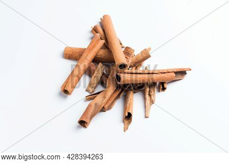 Cinnamon, Cinnamomum Verum, Flatlay Against White Background