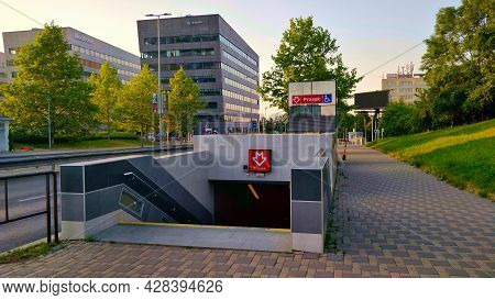 Prague, Czech Republic - June 20, 2021: Entrance Into The Metro Station Prosek On Red Line Of Prague