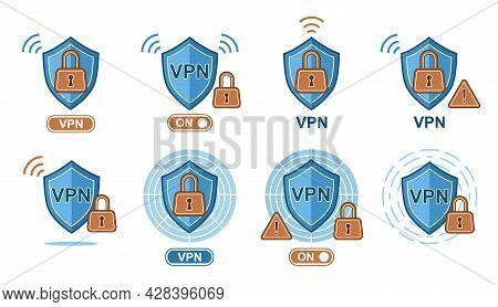 Vpn Virtual Private Network Security Service. Secure Encrypted Connection. Shield With Lock Icon Set