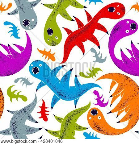 Scary Horror Monsters Seamless Vector Textile Pattern, Beasts Creatures Endless Wallpaper, Stylish B