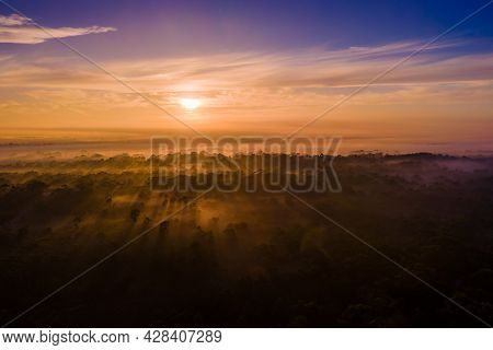 Sunrise Shining Golden Rays Through The Early Morning Fog Softly Blanketing A Prehistoric Landscape