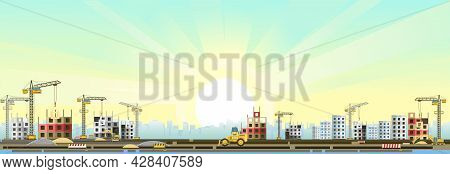 Construction Of New Microdistrict Of City. Modern Residential And Industrial Buildings. Crane. Morni