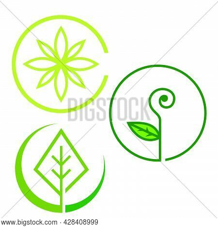 Set Of Nature Simple Eco Friendly Circle Green Leaf Logo Vector Elements