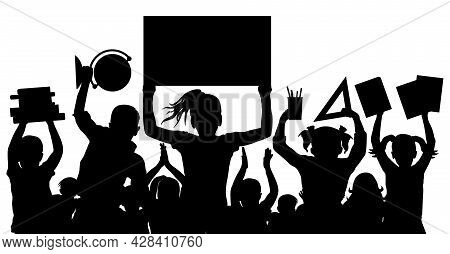 Back To School. School Children With Banner, Books And Copybooks, Ruler, Pens And Pencils, Globe. Si