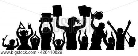 School Children With Books And Notebooks, Ruler And Scissors And Globe, Backpack. Silhouette Of Chee