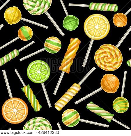 Vector Lollipop Seamless Pattern, Square Repeating Fruit Lollipops Background For Kids Textile, Post