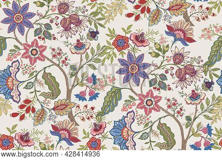 Fantasy Flowers In Retro, Vintage, Jacobean Embroidery Style. Seamless Pattern, Background. Vector I