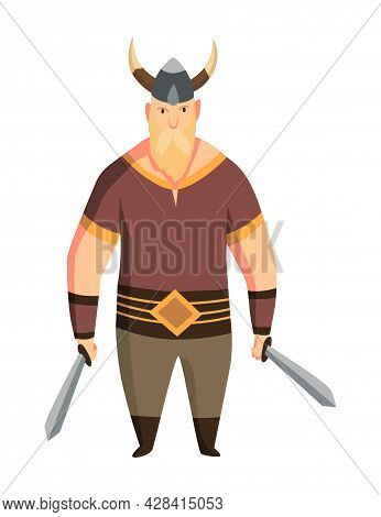 Viking Man With Horned Helmet And Two Swords. Bearded Men Warrior Or Hero Of Scandinavian Legends. C