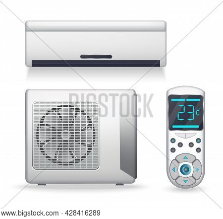 Air Conditioner System - Realistic Set With Cooling Or Heating Equipment. Electronic Appliance Or De