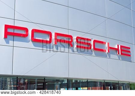 Tyumen, Russia-june 8, 2021: Porche Dealership Exteriour Sign Logo. German Automobile Manufacturer S