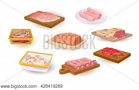 Collection Of Raw Meat Dishes, Semi Finished Meals. Vector Marinated With Herbs And Products For Fur