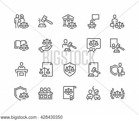 Simple Set Of Court Related Vector Line Icons. Contains Such Icons As Hammer, Justice, Lawyer And Mo