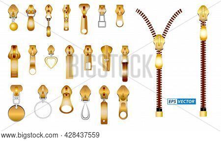 Set Of Realistic Zipper For Clothes Isolated Or Gold Luxury Zipper Garment Or Zipper Metal Fastener 