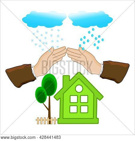 Hands Protecting House From Danger Isolated On White Background. Concept Of Security Of Property. Pr