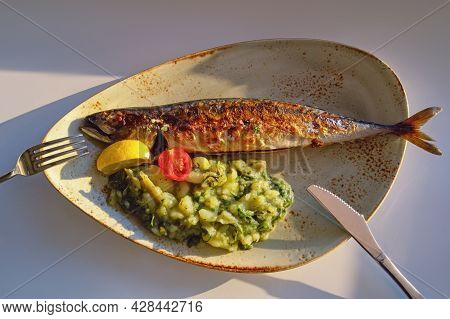 Balkan Cuisine. Grilled Fish ( Mackerel ) With Green Leafy Vegetables. Flat Lay, Copy Space