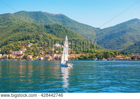 Beautiful Sunny Mediterranean Landscape.  Montenegro, Adriatic Sea, View Of Bay Of Kotor Near Tivat 