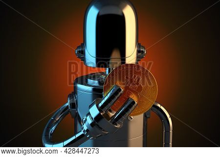 Robot Holding Bitcoin Coin In Fingers. 3d Illustration
