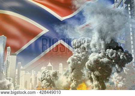 Big Smoke Column With Fire In Abstract City - Concept Of Industrial Explosion Or Terroristic Act On 