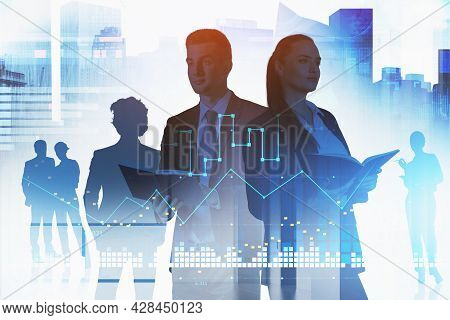 Group Of Business People Traders Analyzing Stock Market Behavior. Bar Forex Chart. Double Exposure. 