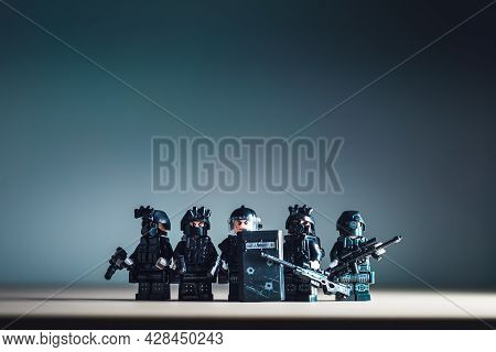Billund, Denmark - July 15, 2021: Miniature Swat Team. Illustrative Editorial