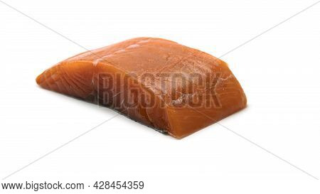 A Piece Of Fresh Salmon On A White Background.