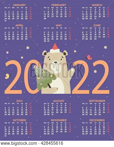 Calendar For 2022. Cute Santa Bear With Christmas Tree. Vector Illustration. Vertical Calendar Templ
