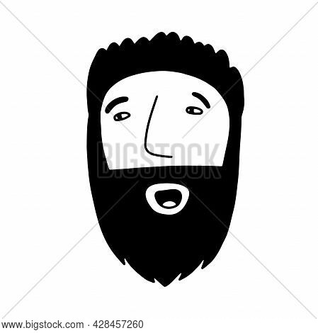 Doodle Bearded Laughing Man. Hand-drawn Outline Human Isolated On White Background. Funny Face Avata