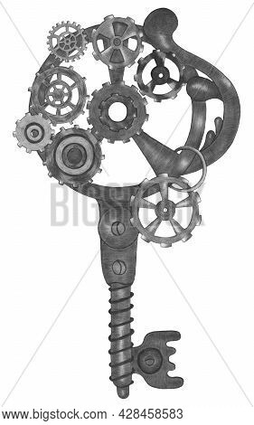 Design Element Hand Drawn Illustration Of Colorful Steampunk Key In Gray And Brown Colors On White B