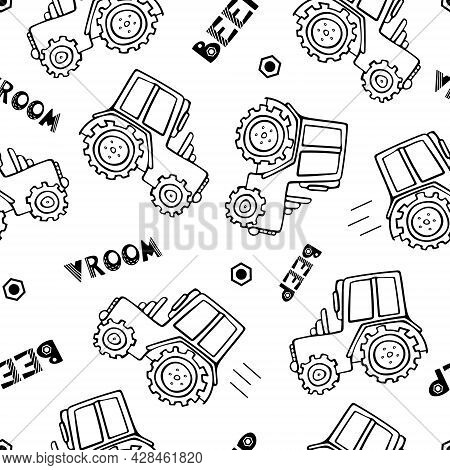 Construction Machinery Seamless Pattern. Doodle Vector Illustration For Boys In A Scandinavian Style