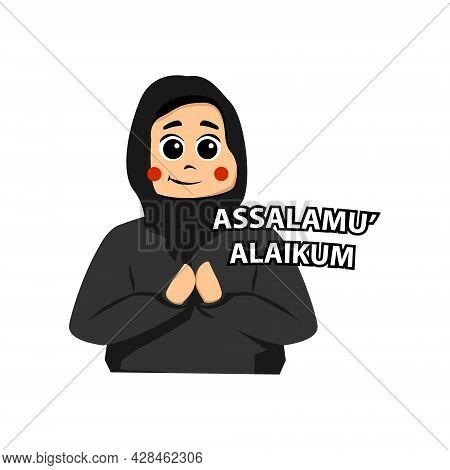 Assalamualaikum Cute Cartoon Muslim Woman Design Isolated