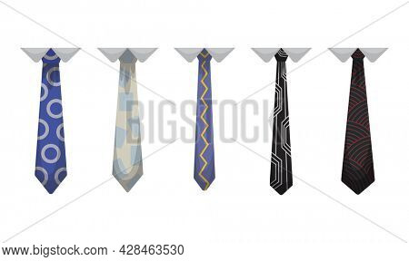 Collection of ties. Men fashioned accessories. Clothes design element over isolated on white background. Fabric items for male wardrobe in elegant style