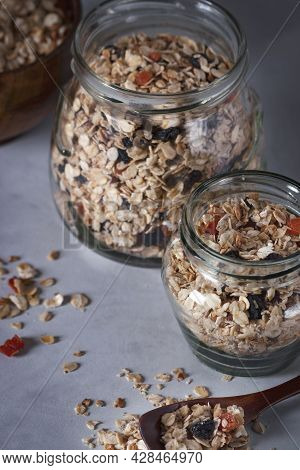 Homemade Granola With Raisins, Dried Apricots And Nuts.
Granola With Raisins, Dried Apricots, Nuts, 