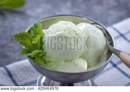 Cold Summer Dessert. Milk Ice Cream With Kiwi. Ice Cream Fruit.