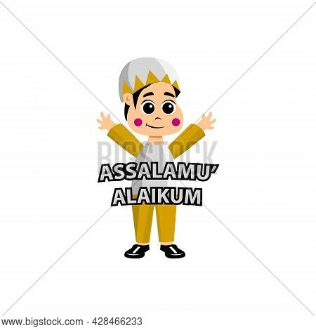 Illustration Assalamu Alaikum Muslim Boy Kid Isolated On White Background